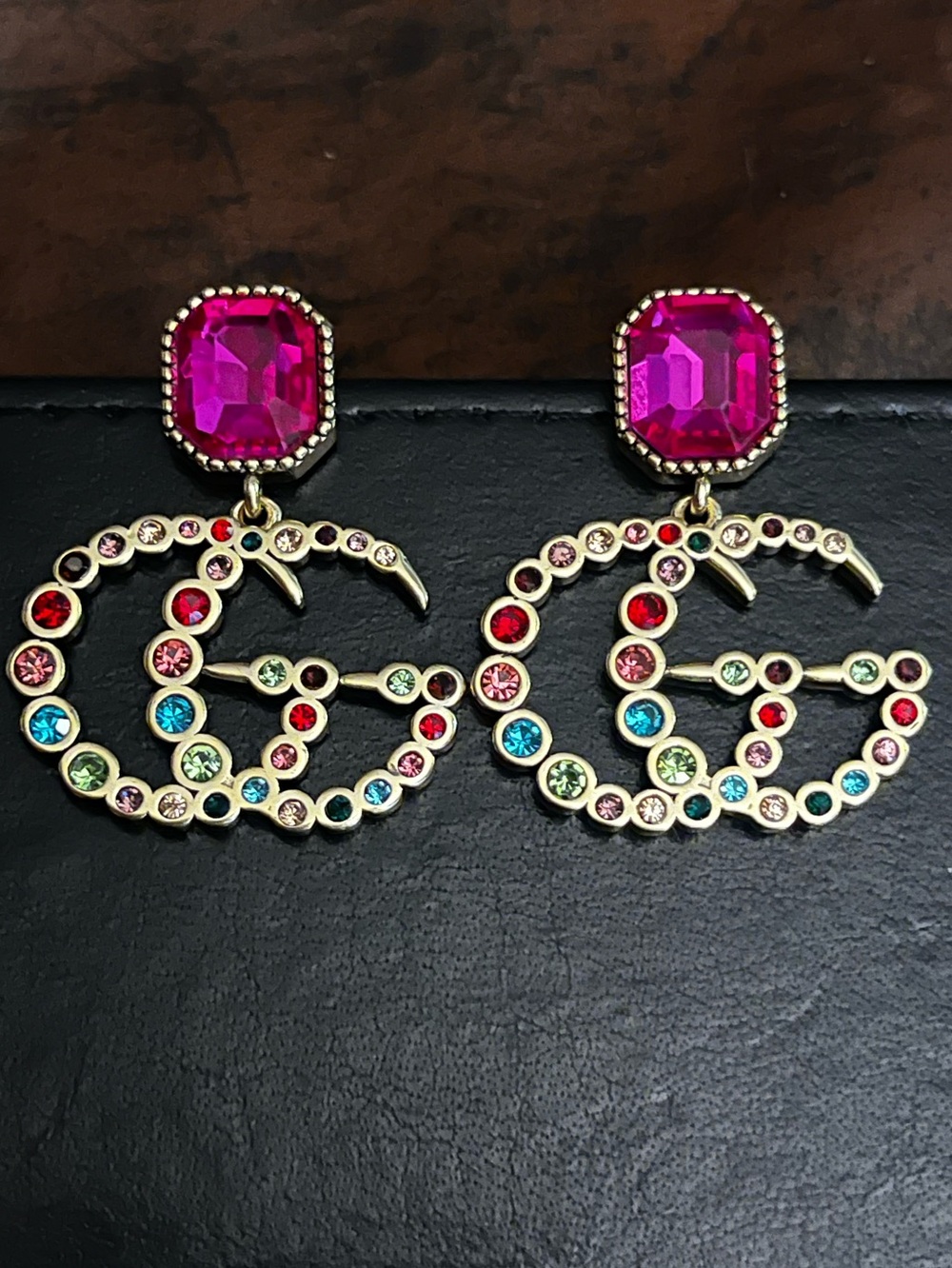 Double G Designer Multicolor Gold Tone Dangle Drop Earrings